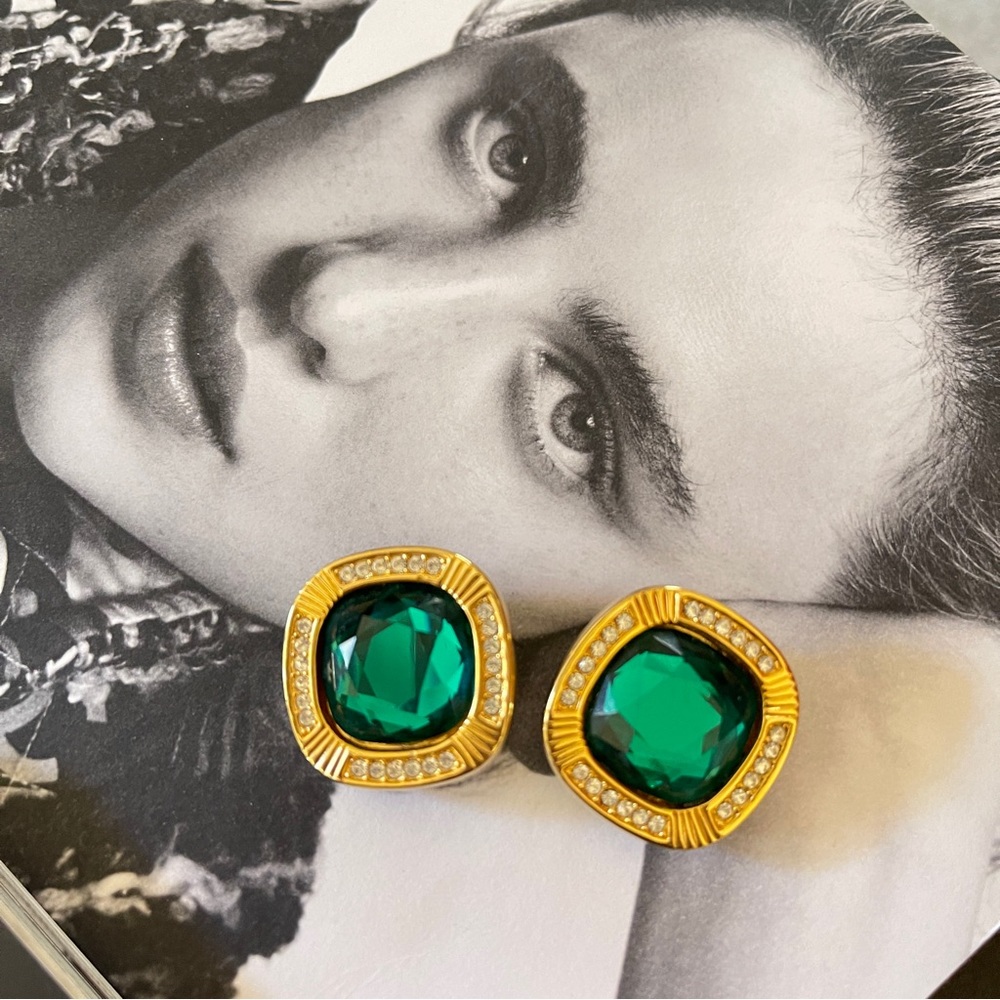 Vintage SAL Green and Clear Swarovski Crystal Gold Tone Clip on Earrings